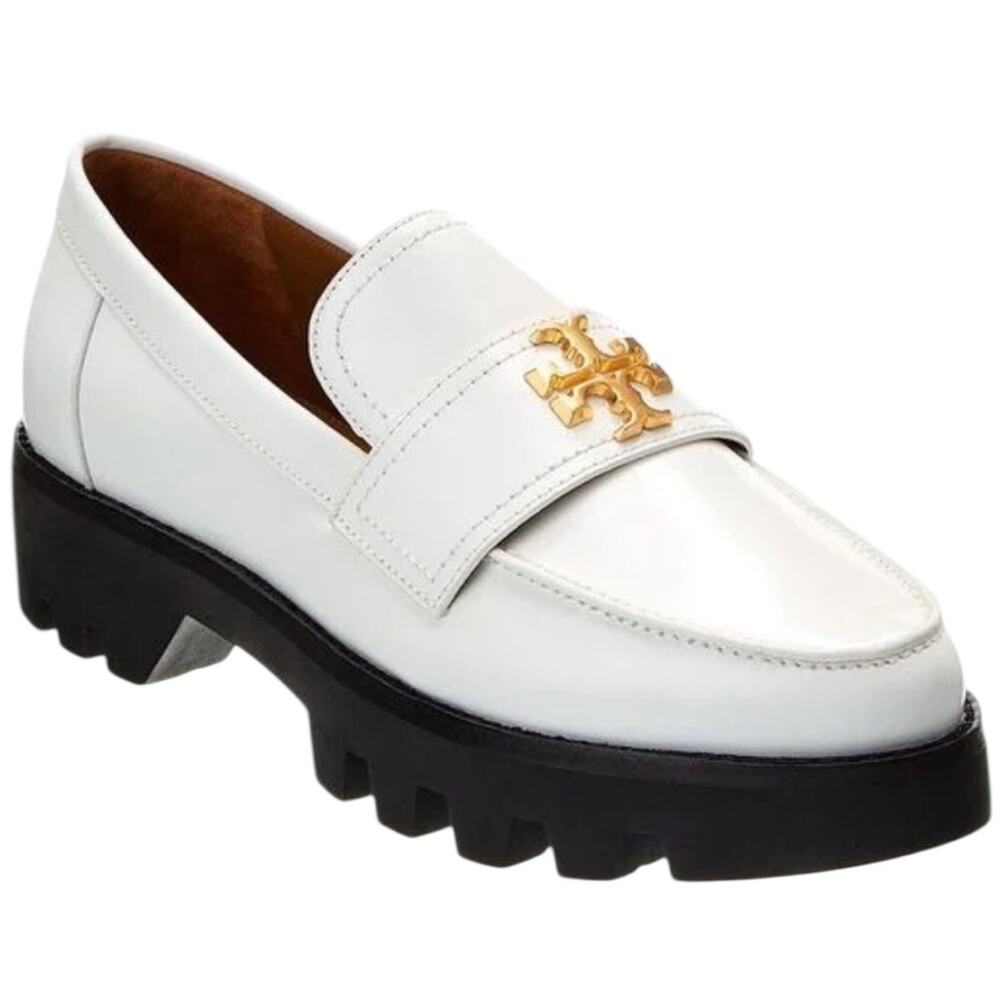 Tory Burch White Leather Lug Sole Loafers with Gold Logo Plaque